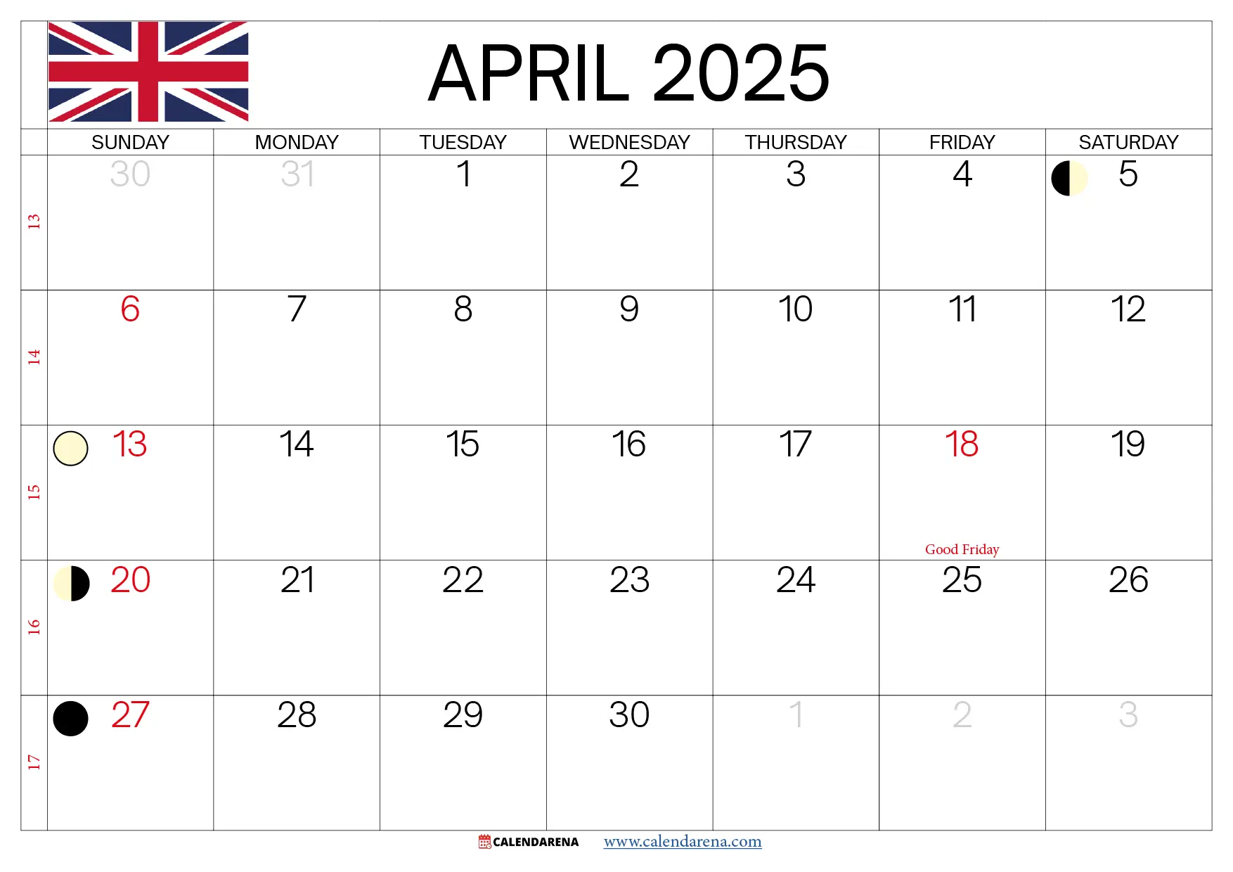 April 2025 Printable Calendar Uk