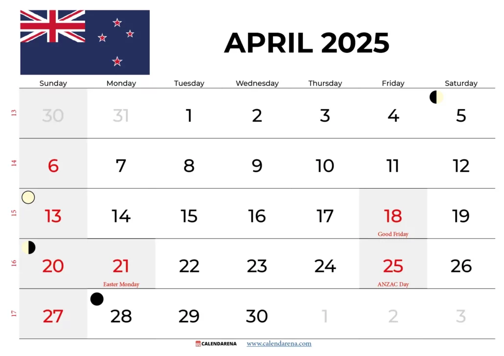 April Calendar 2025 Nz