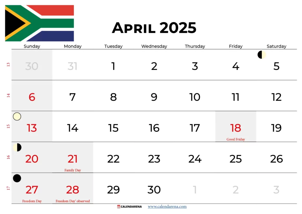 April Calendar 2025 South Africa