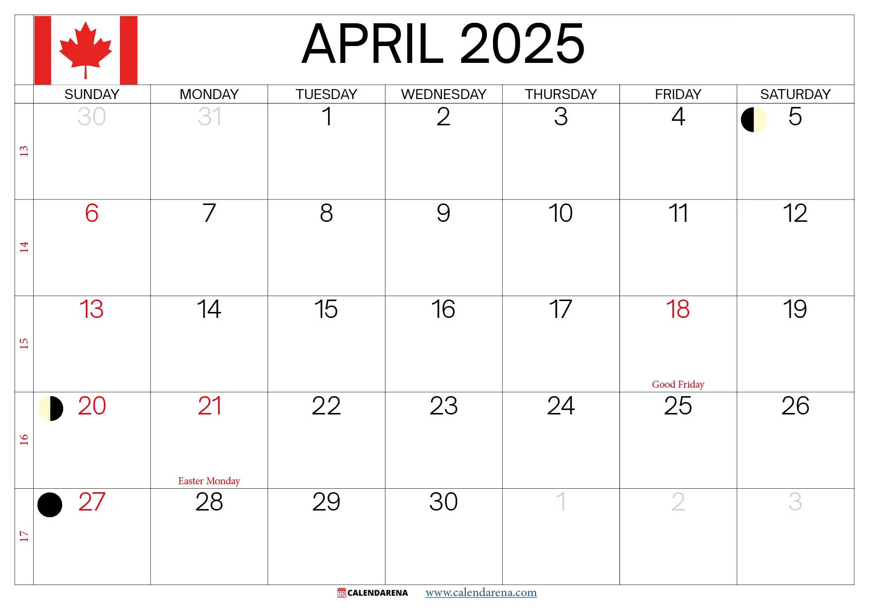 April 2025 Calendar Canada