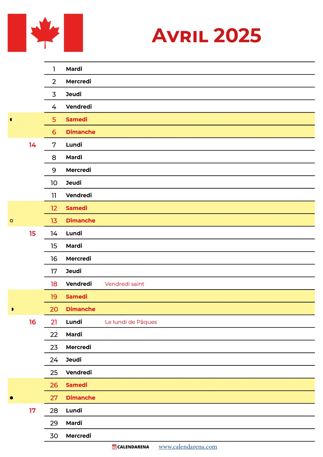 Avril 2025 Calendrier Québec