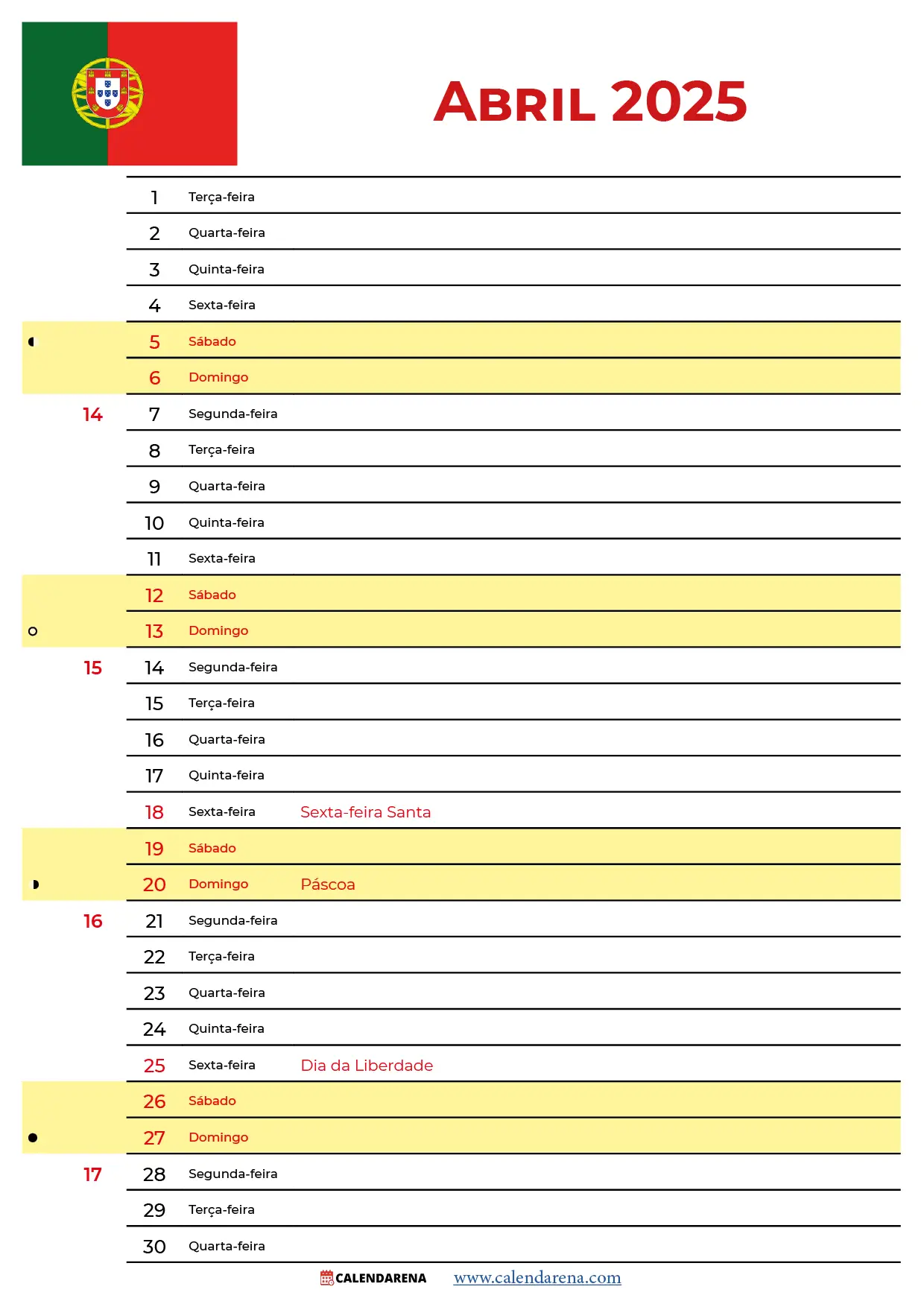 Calendário 2024 Abril Portugal