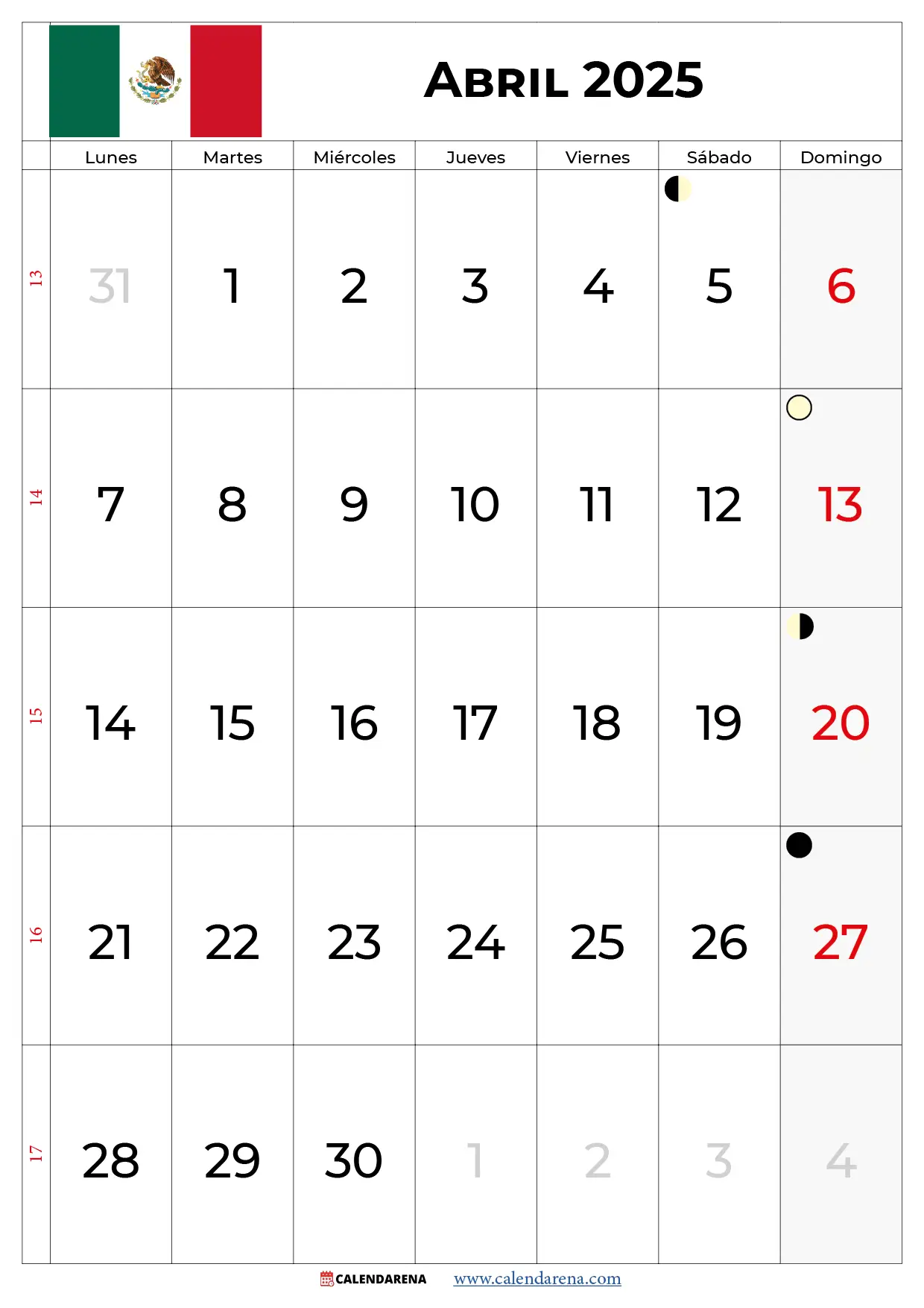 Calendario 2025 Abril Mexico