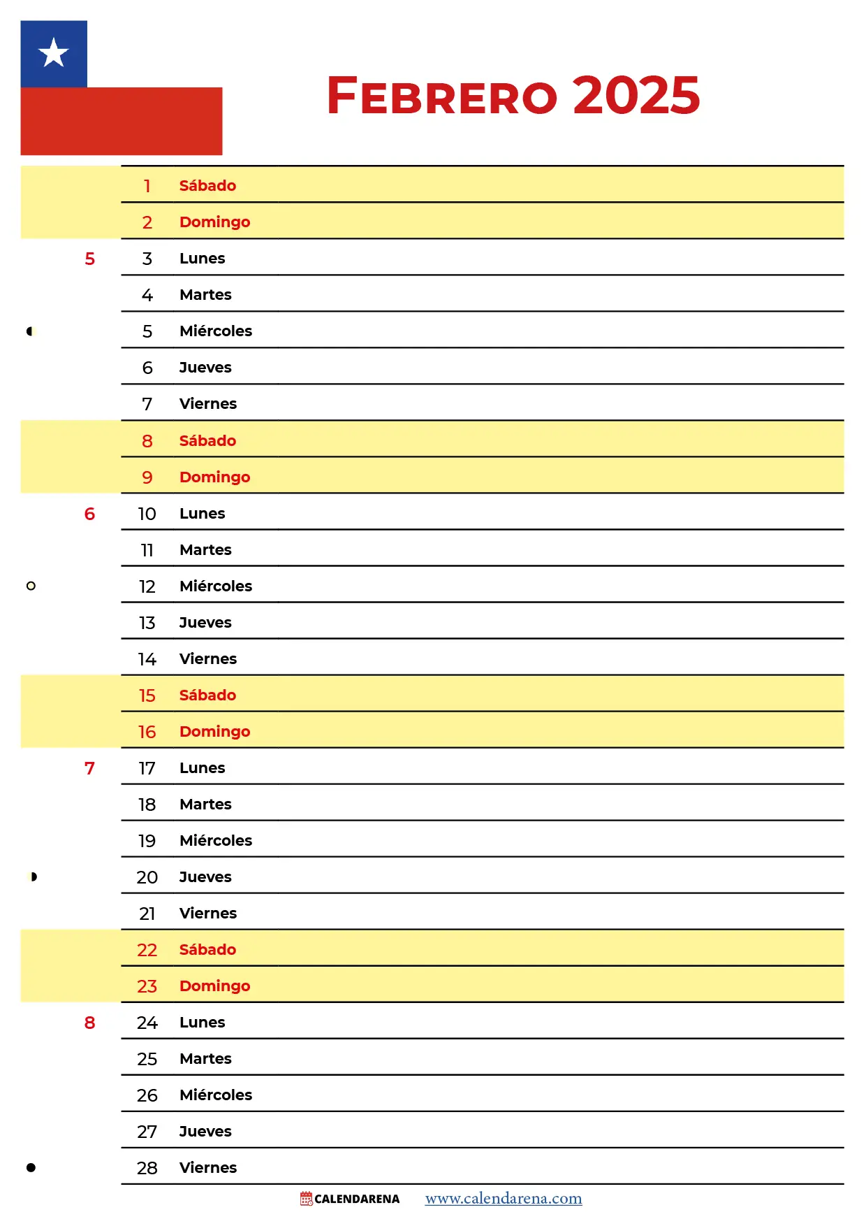 Calendario 2025 Febrero Chile