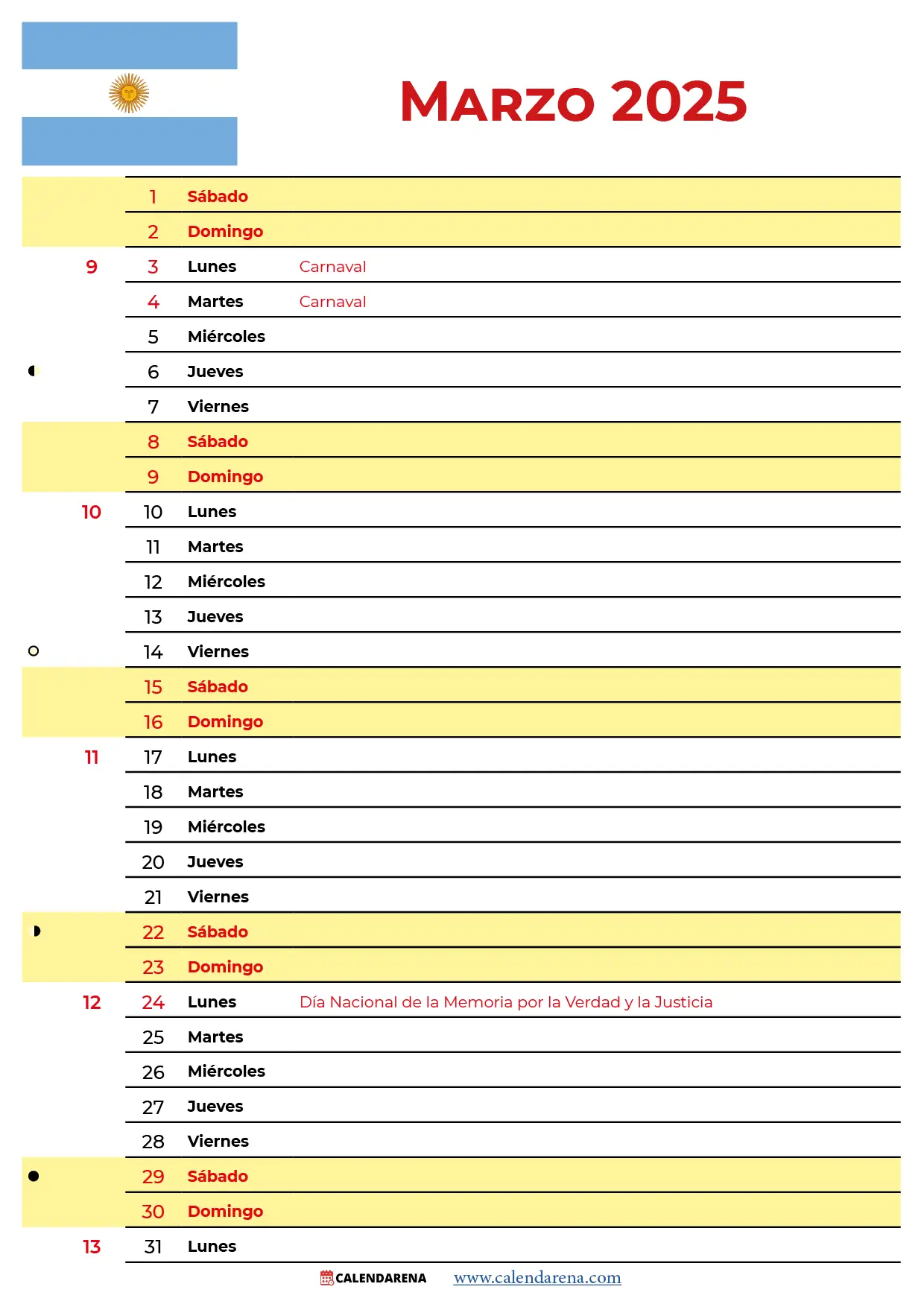 Calendario 2025 Marzo Argentina