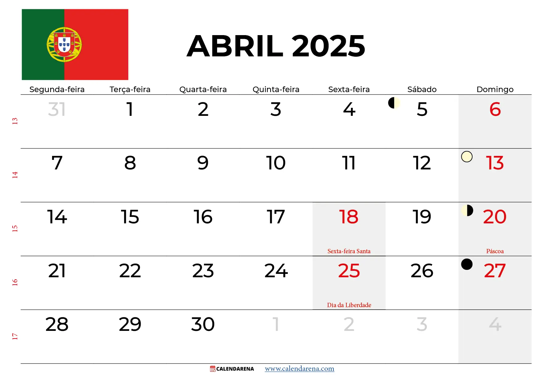 Calendário Abril 2024 Portugal