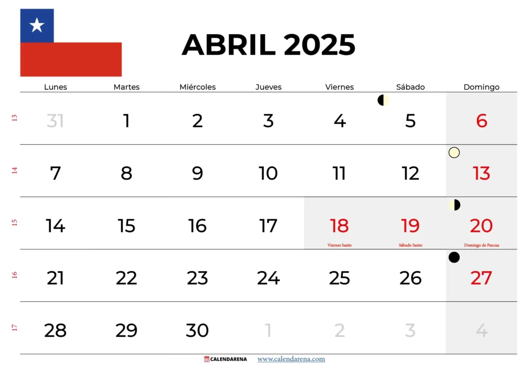 Calendario Abril 2025 Chile