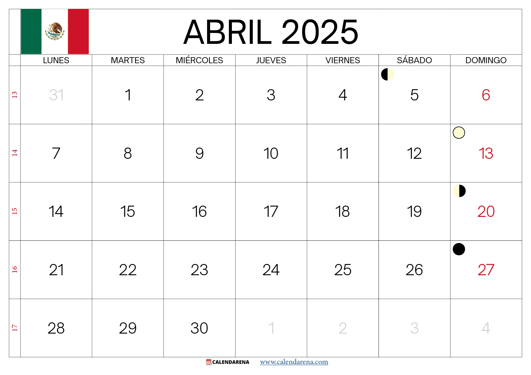 Calendario Abril 2025 México