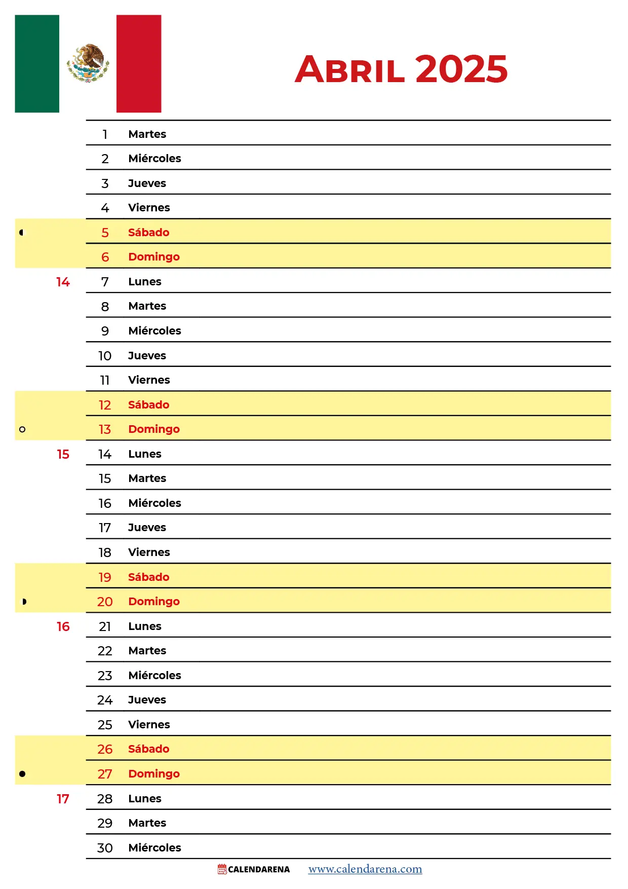 Calendario Abril 2025 Mexico