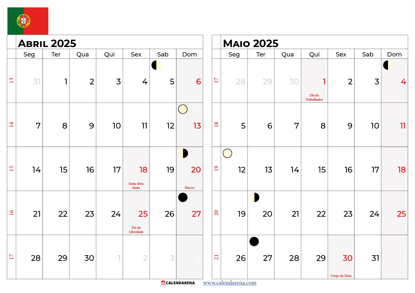 Calendário Abril e Maio 2024 Portugal