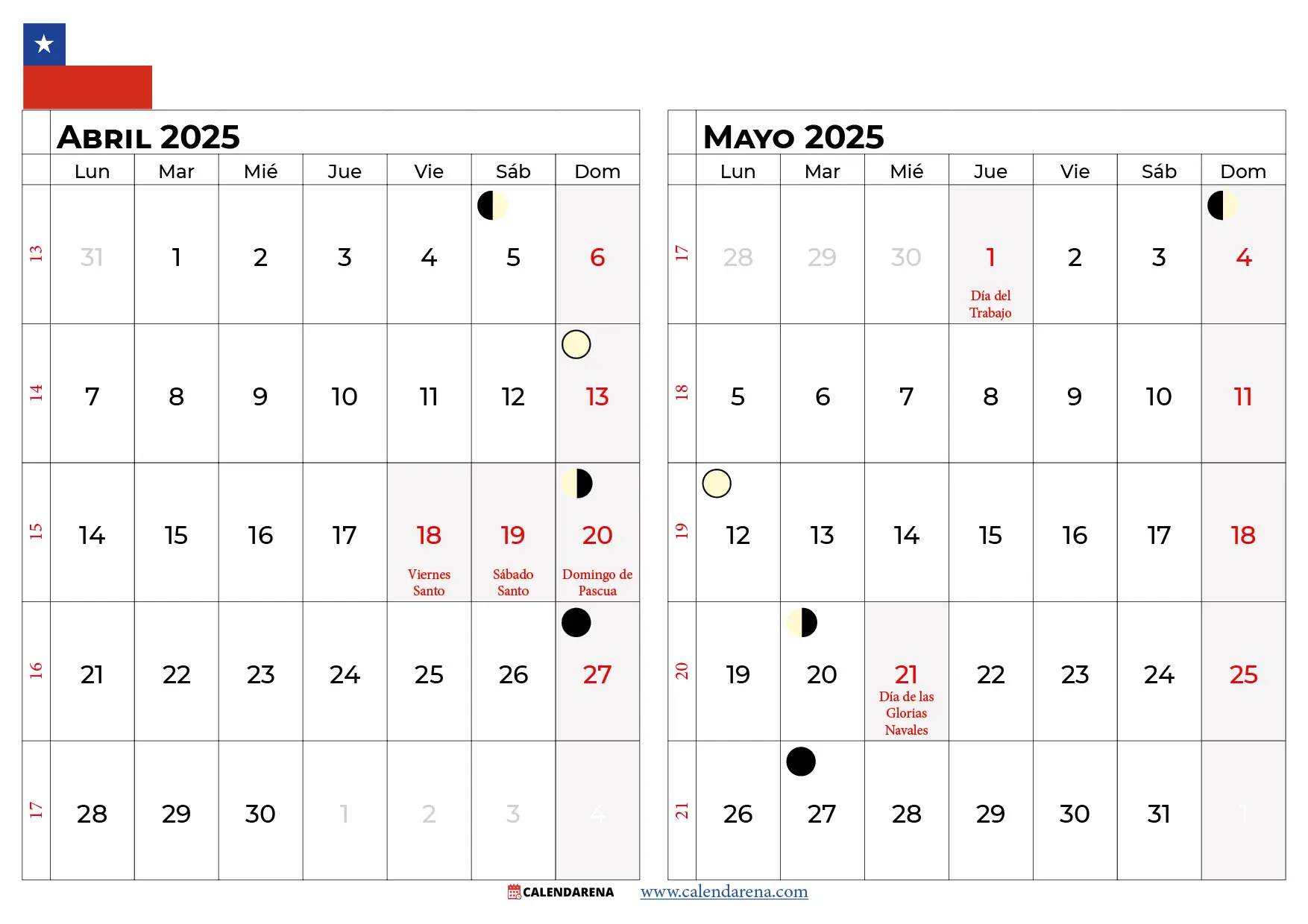 Calendario Abril y Mayo 2025 Chile