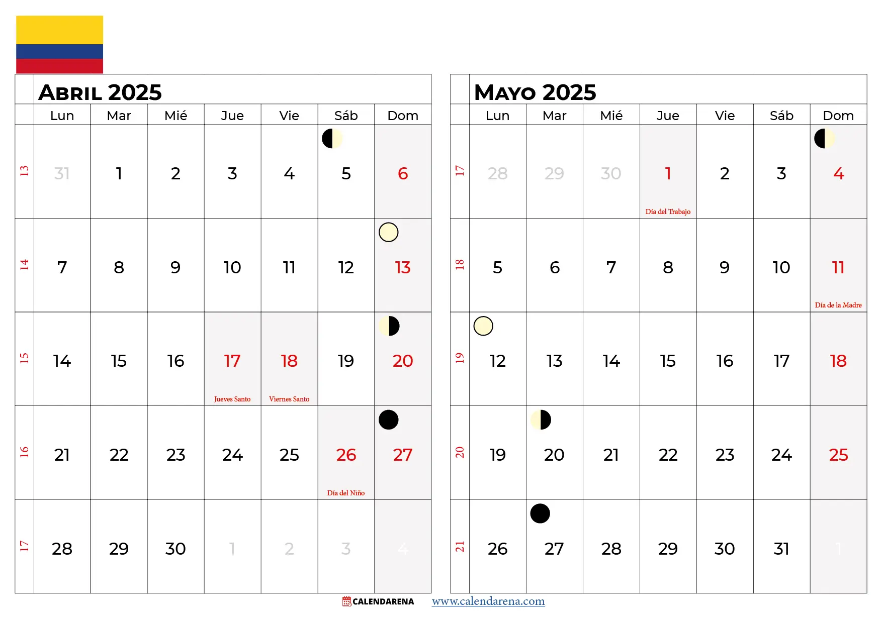 Calendario Abril y Mayo 2025 Colombia