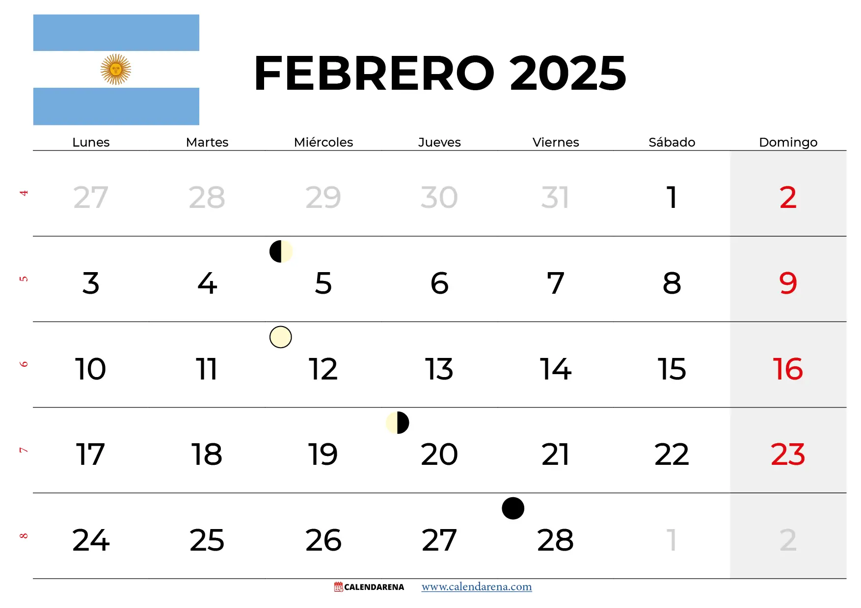 Calendario Febrero 2025 Argentina