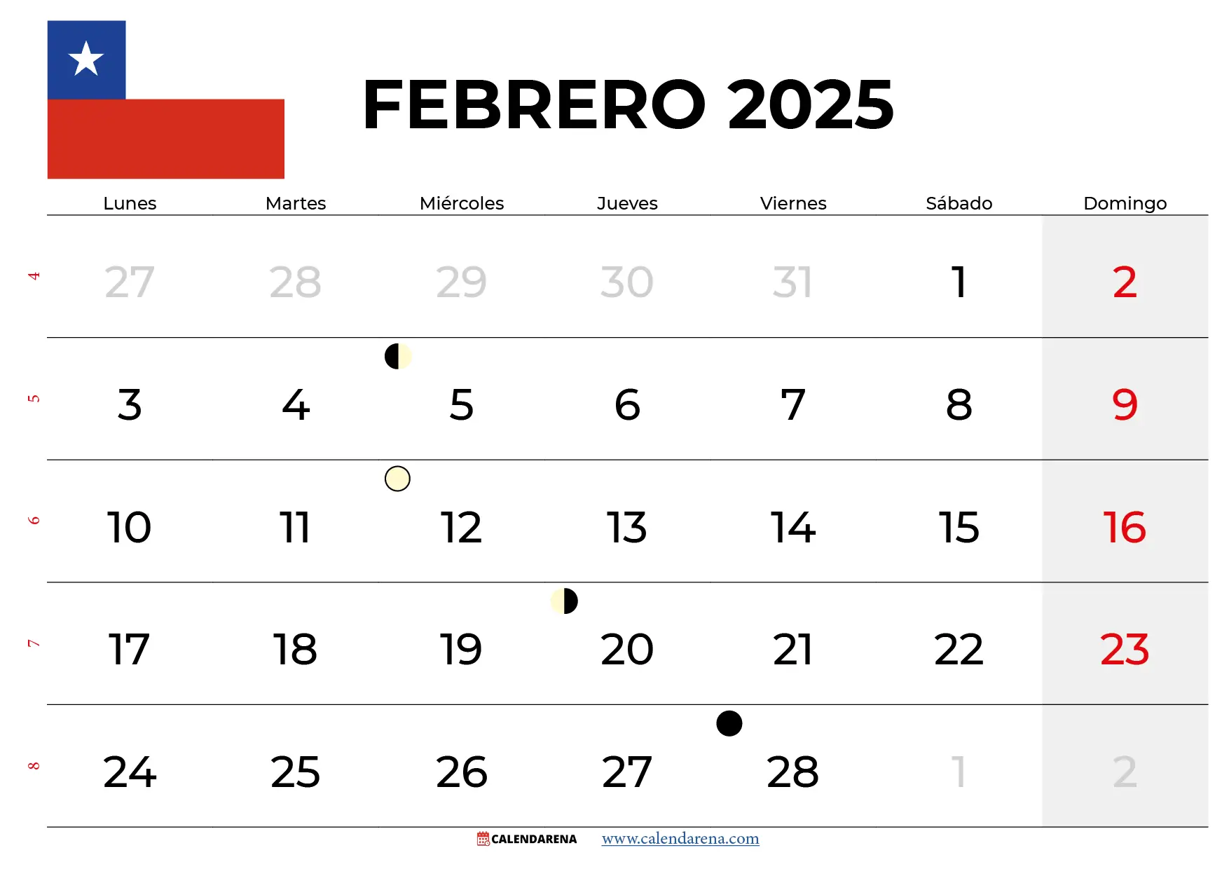 Calendario Febrero 2025 Chile