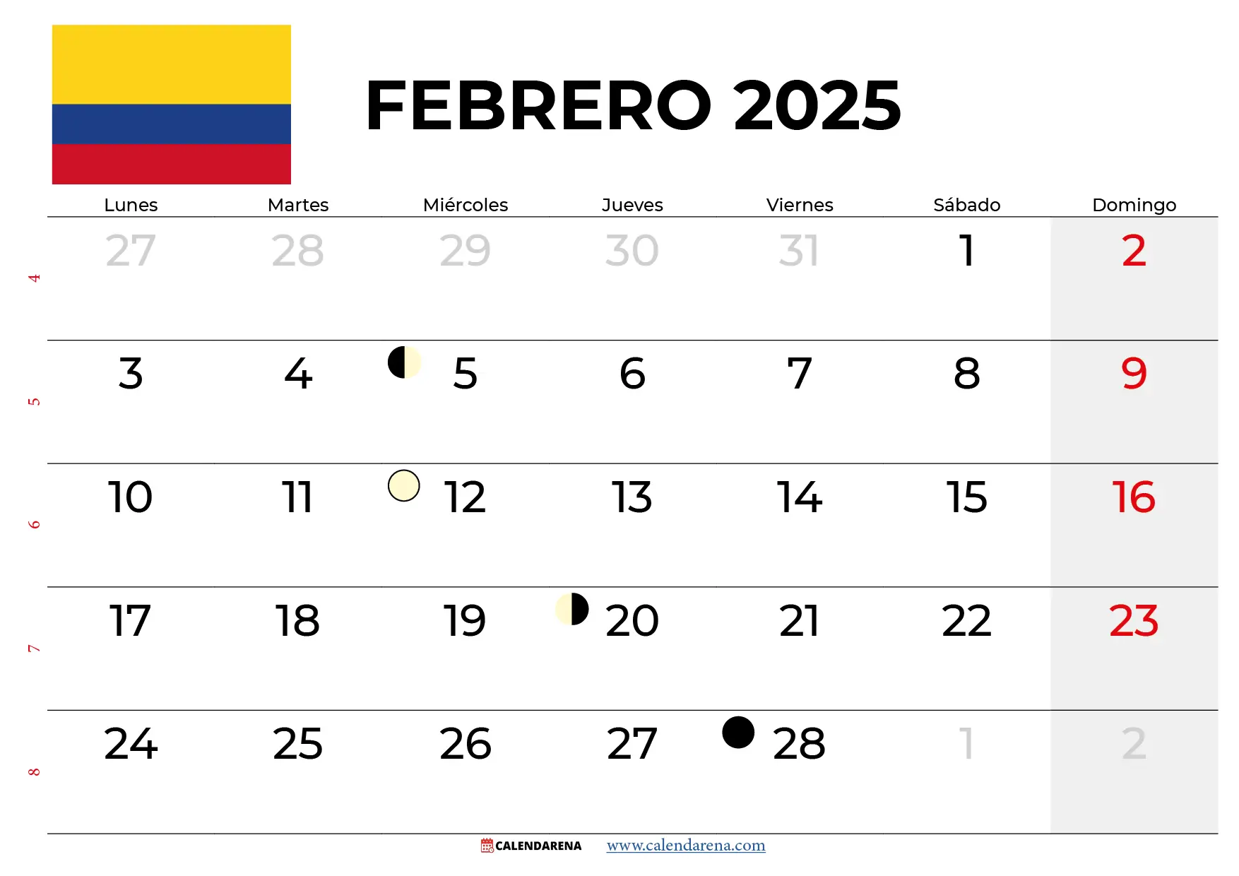 Calendario Febrero 2025 Colombia