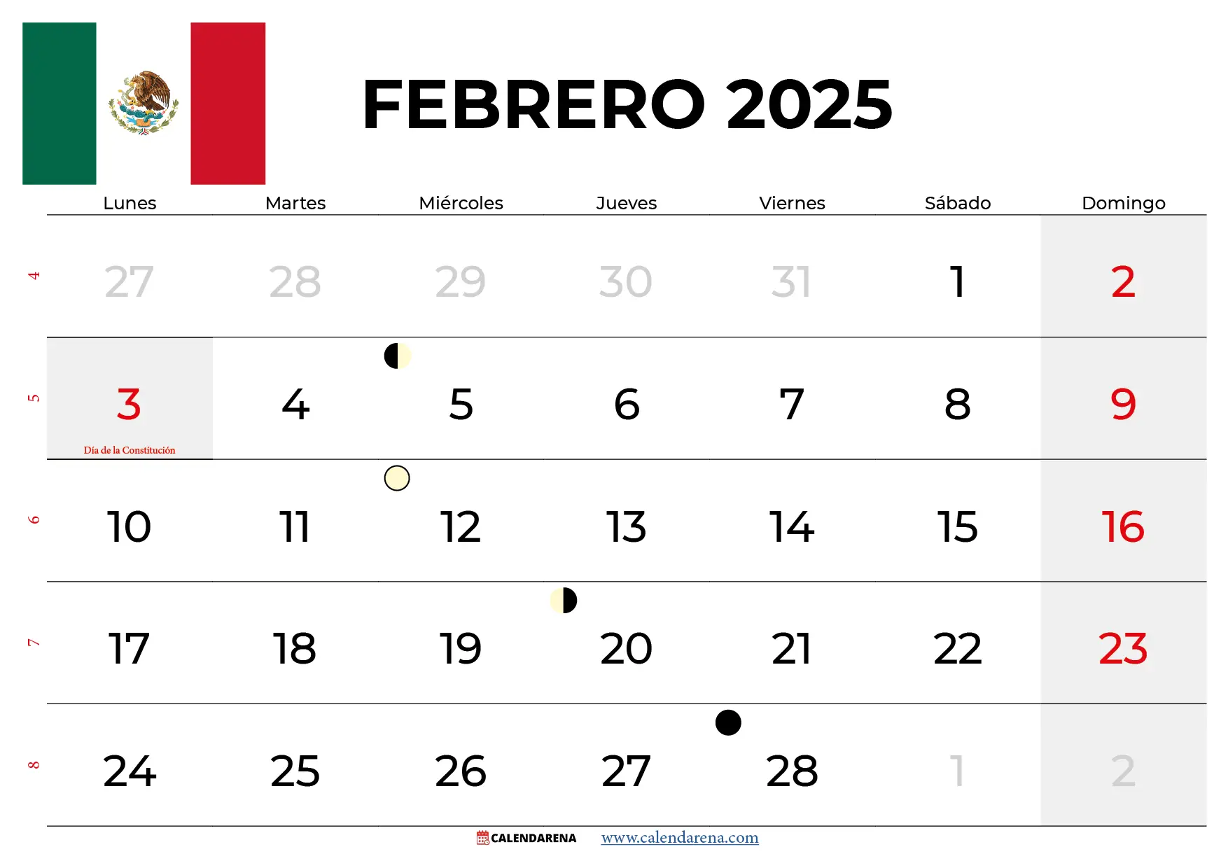 Calendario Febrero 2025 México Para Imprimir