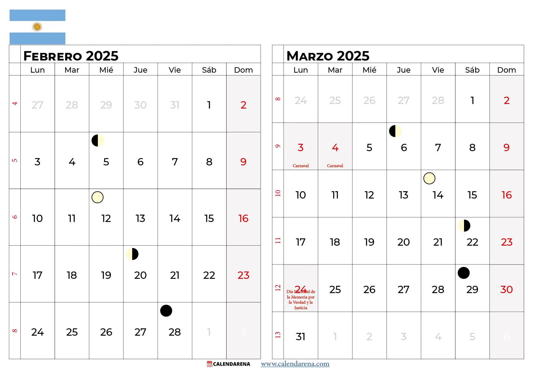 Calendario Febrero Marzo 2025 Argentina