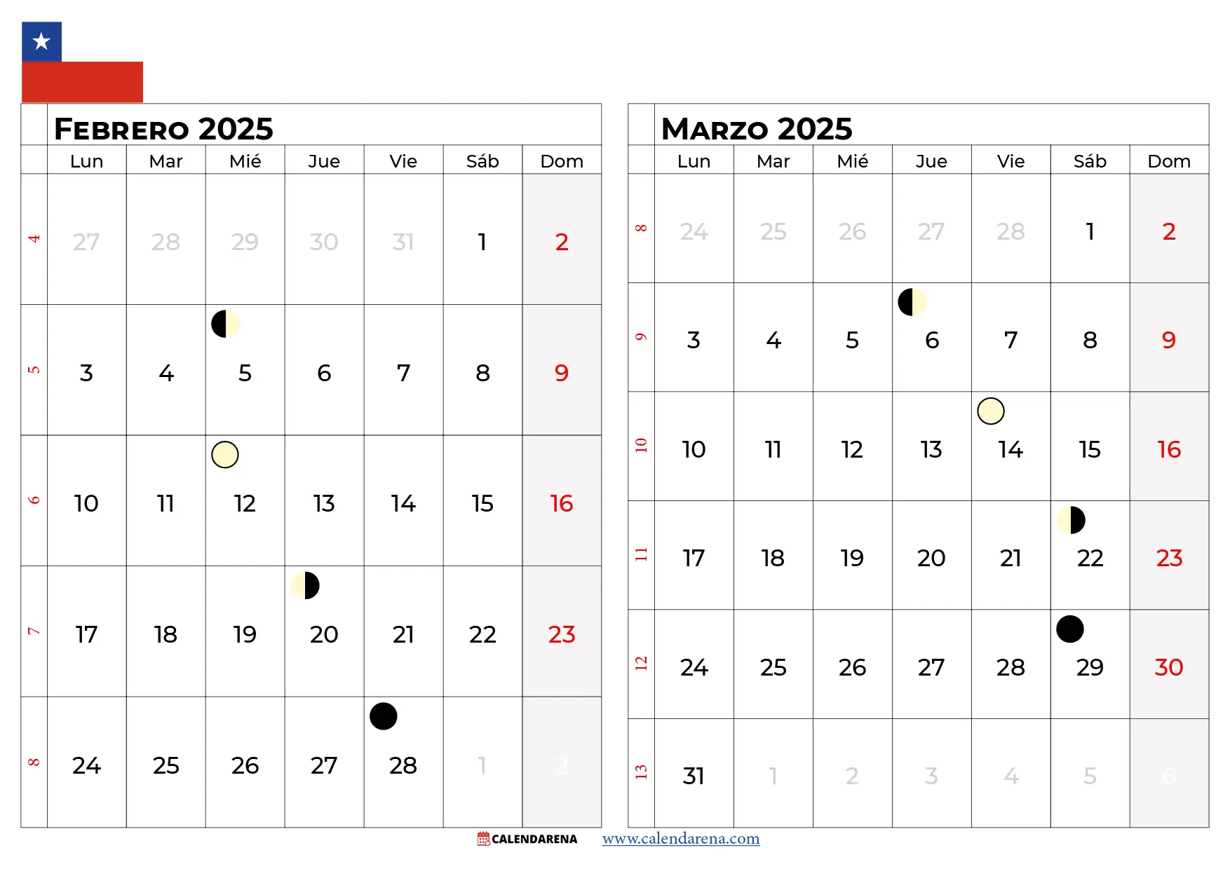 Calendario Febrero Marzo 2025 Chile