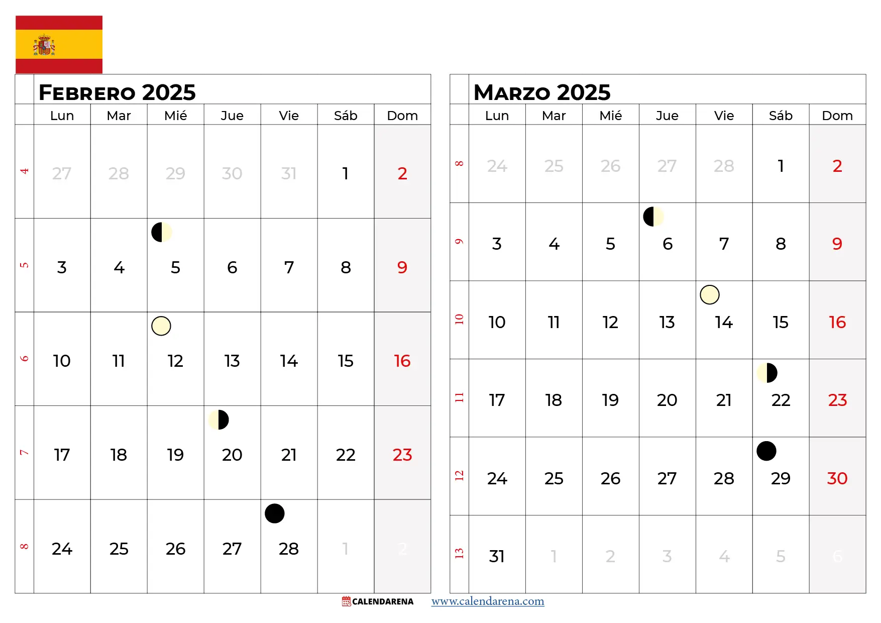 Calendario Febrero Marzo 2025 España