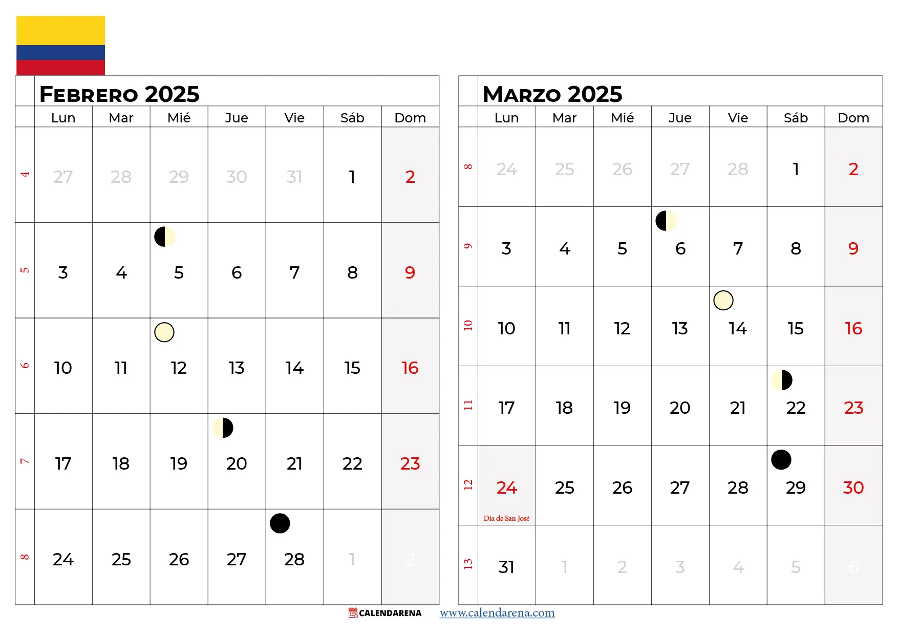 Calendario Febrero y Marzo 2025 Colombia