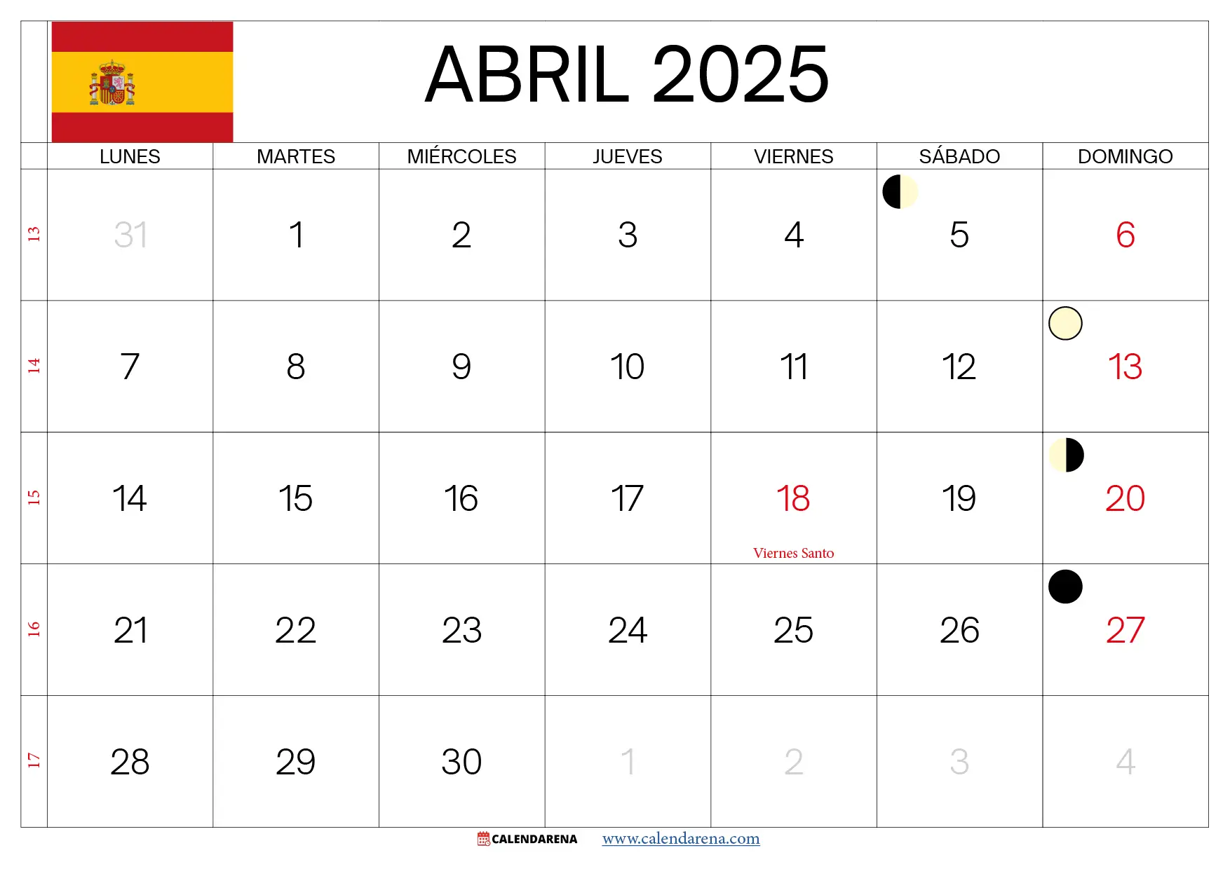 Calendario Abril 2025 España