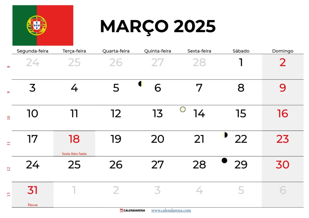 Calendario Março 2025 Portugal