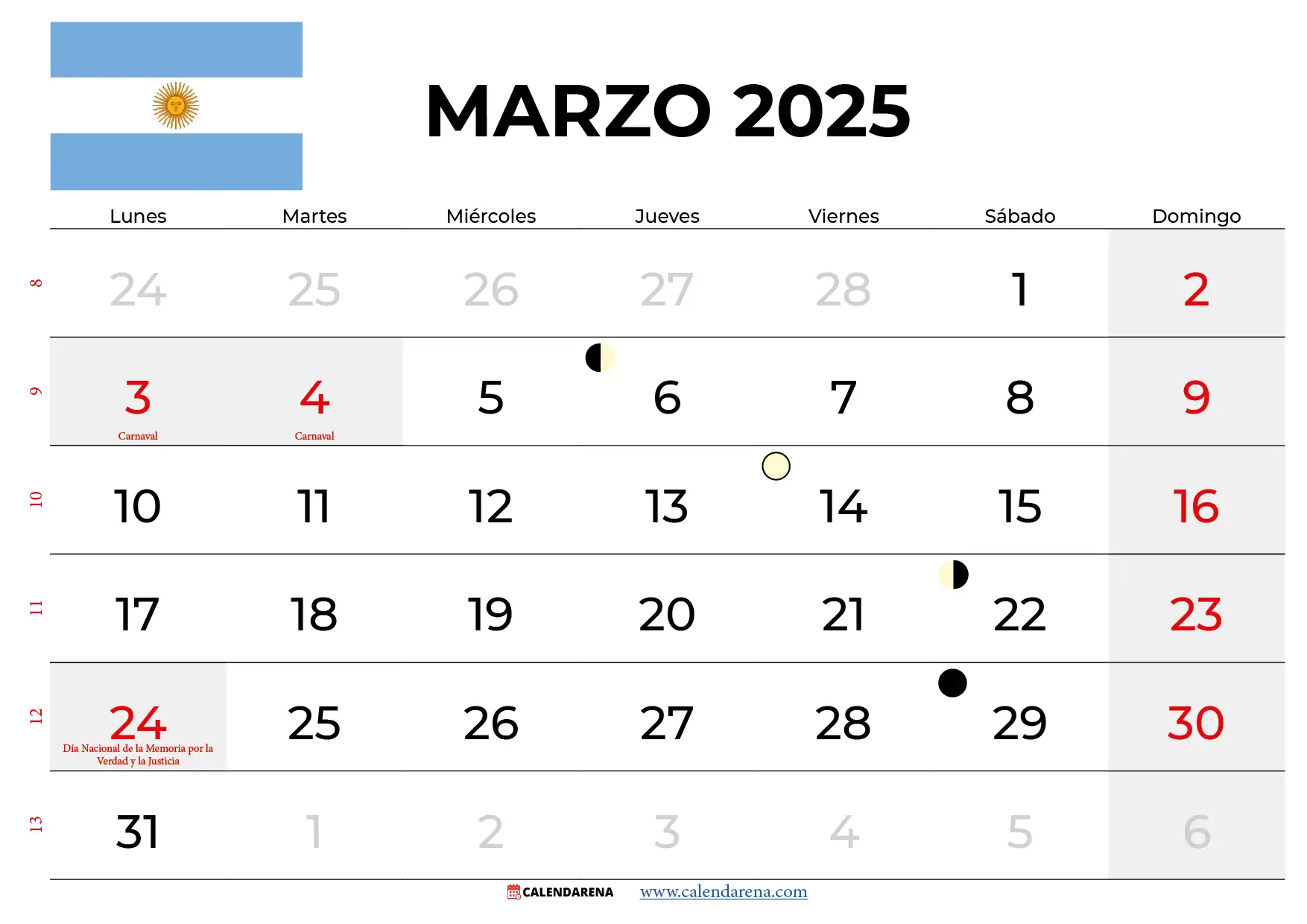 Calendario Marzo 2025 Argentina