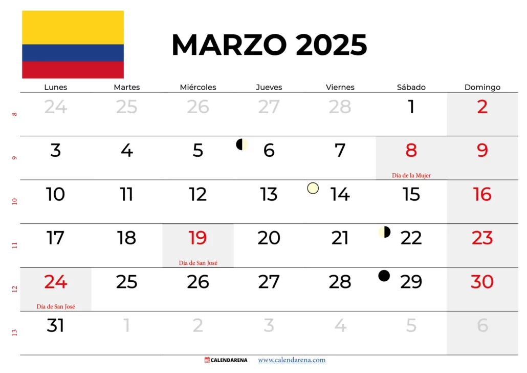 Calendario Marzo 2025 Colombia
