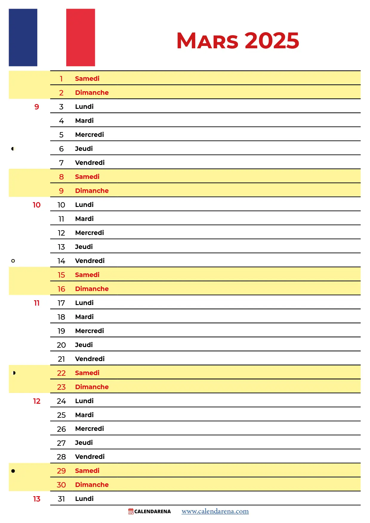 Calendrier 2025 Mars