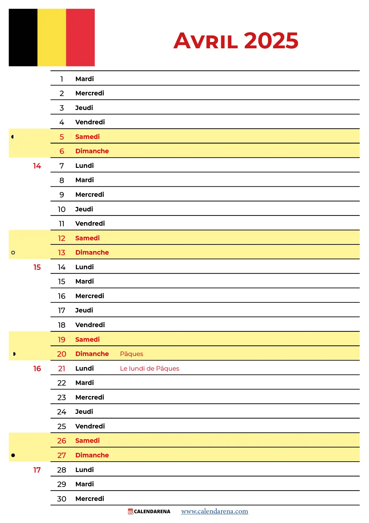 Calendrier À Imprimer Avril 2025 Belgique