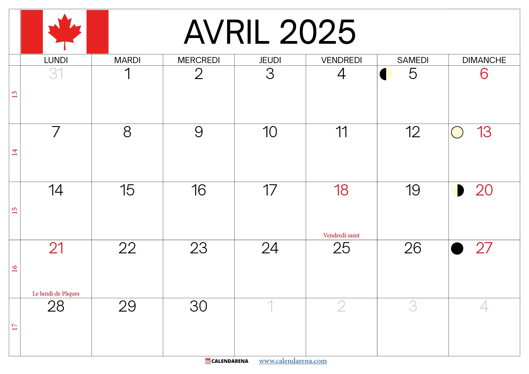 Calendrier À Imprimer Avril 2025 Québec