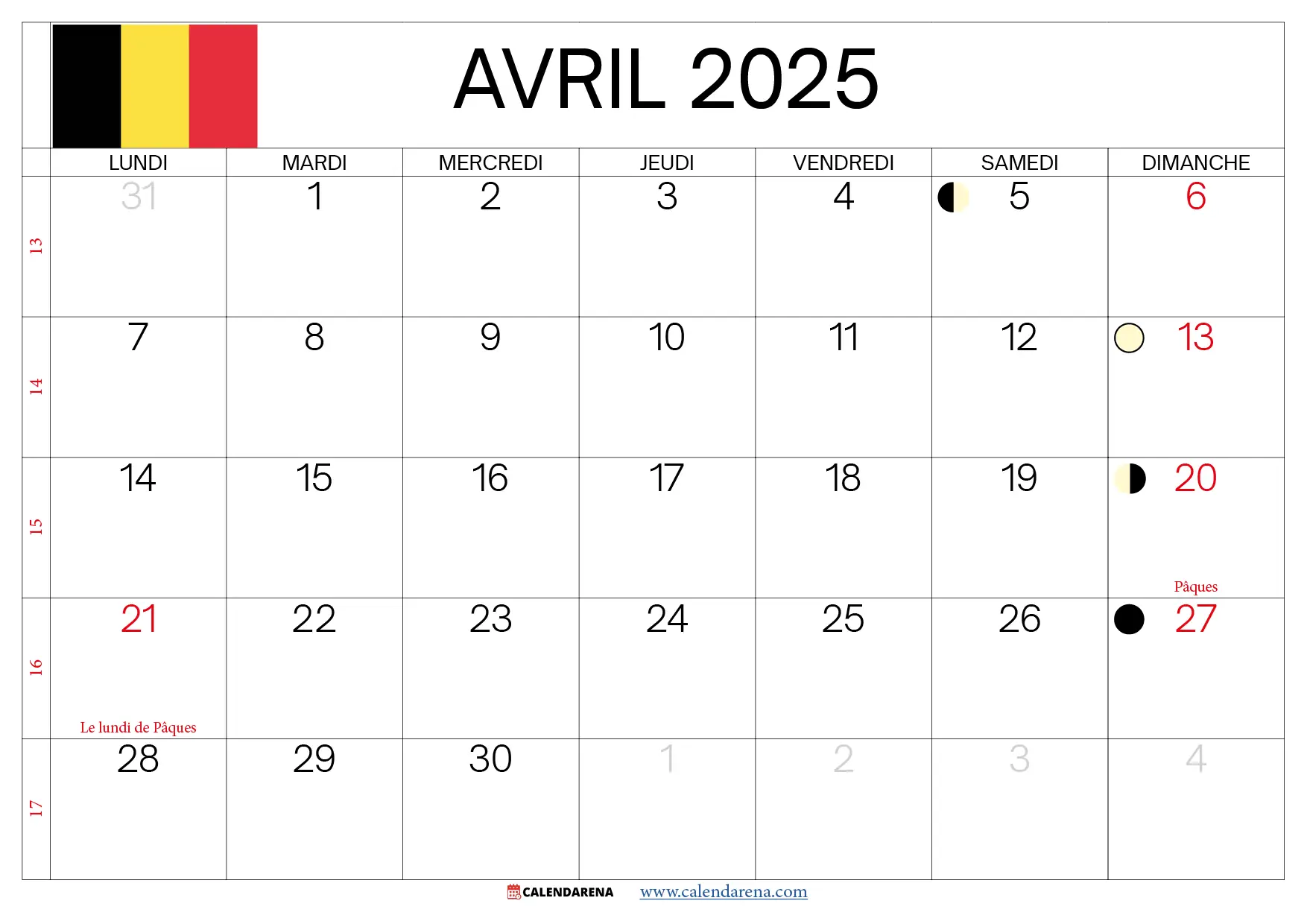 Calendrier Avril 2025 À Imprimer Belgique