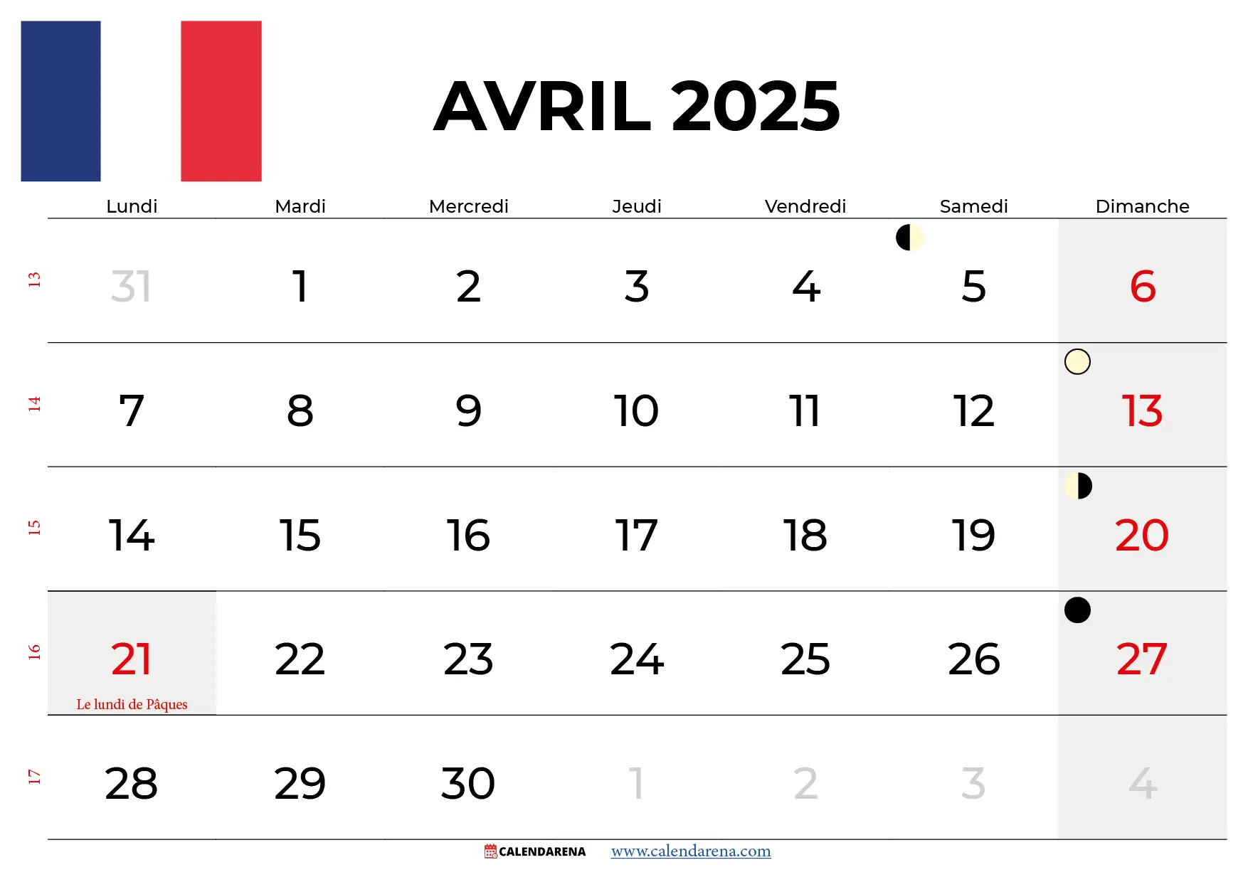 Calendrier Avril 2025 France