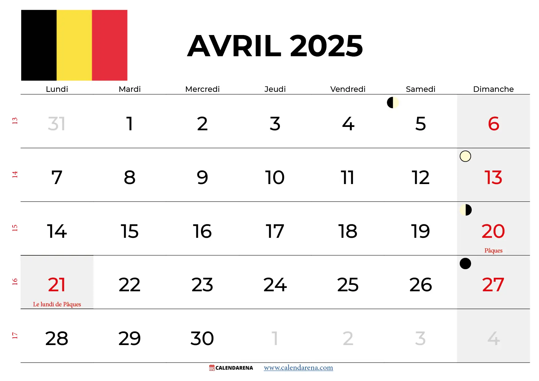 Calendrier Avril 2025 Belgique