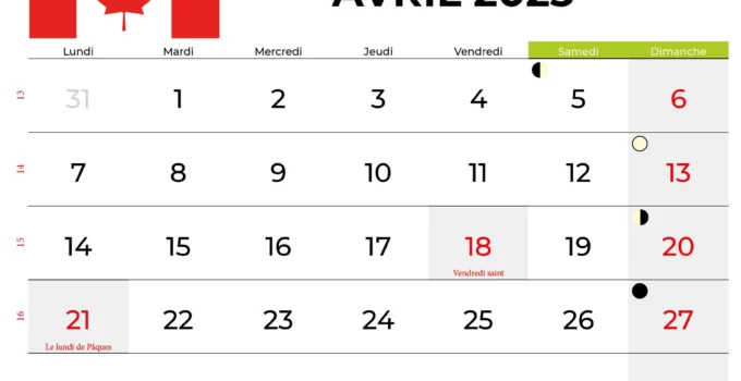 Calendrier Avril 2025 Québec