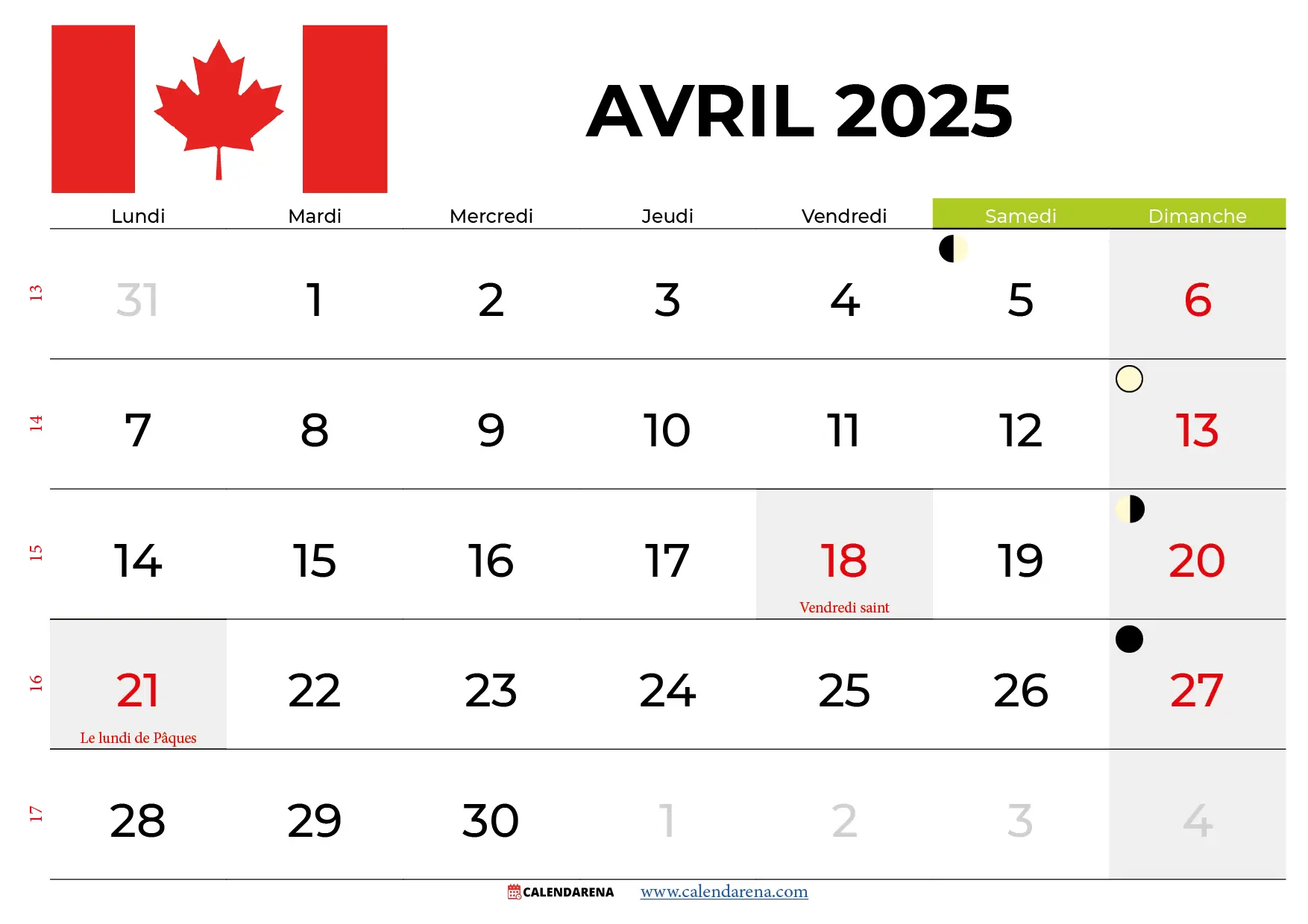 Calendrier Avril 2025 Québec