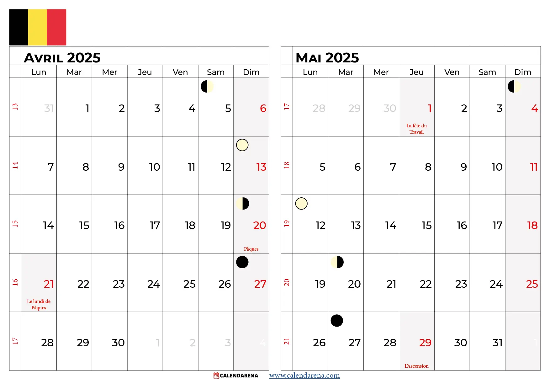 Calendrier Avril Mai 2025 Belgique