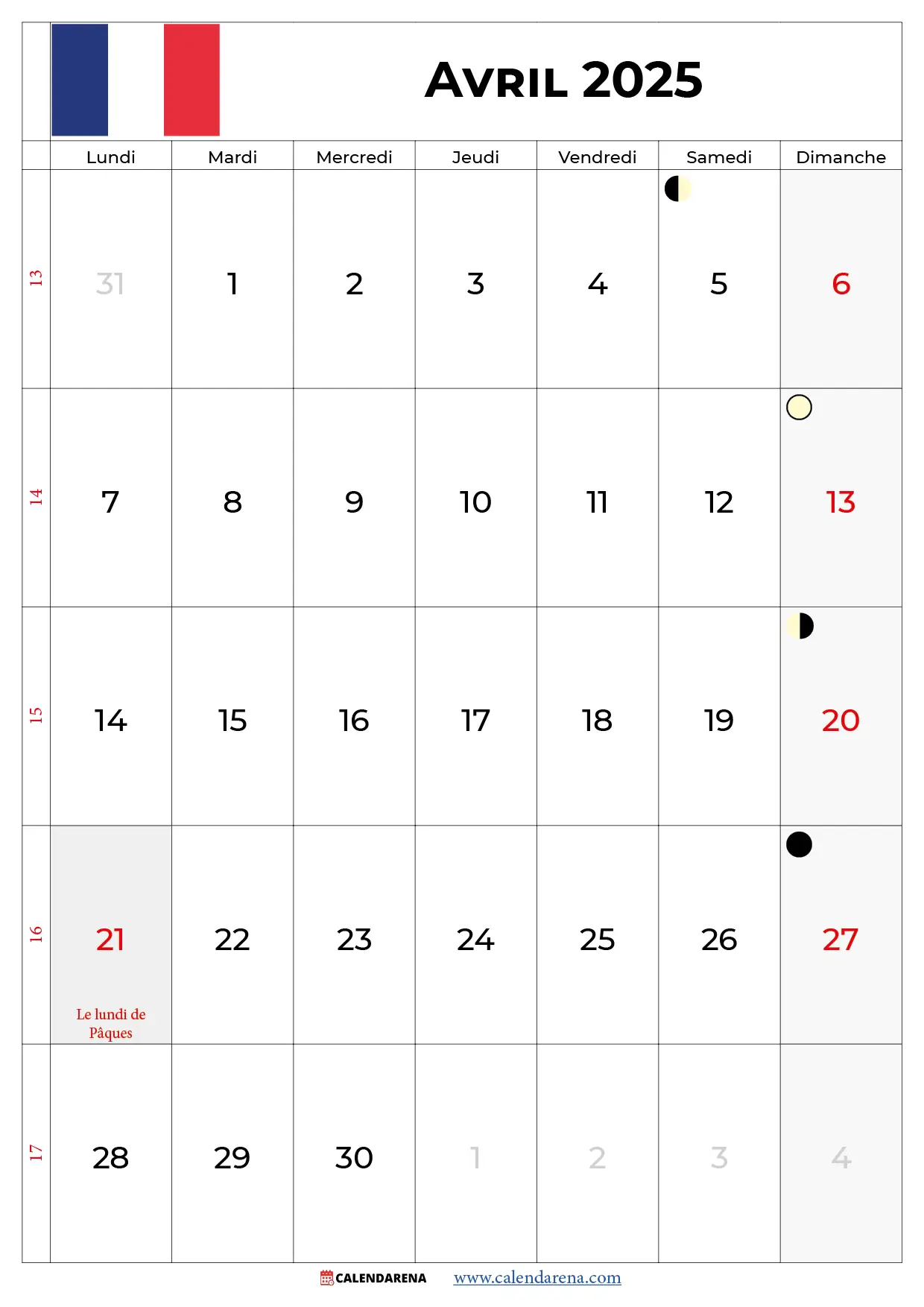 Calendrier Du Mois D'Avril 2025