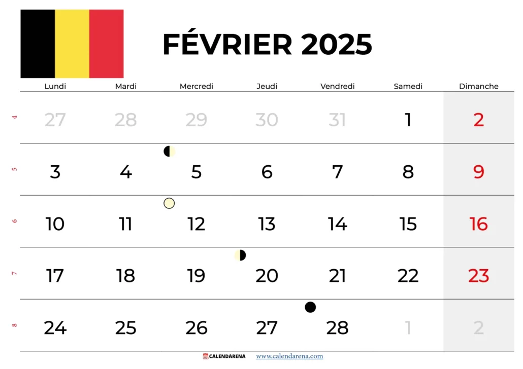 Calendrier Février 2025 Belgique