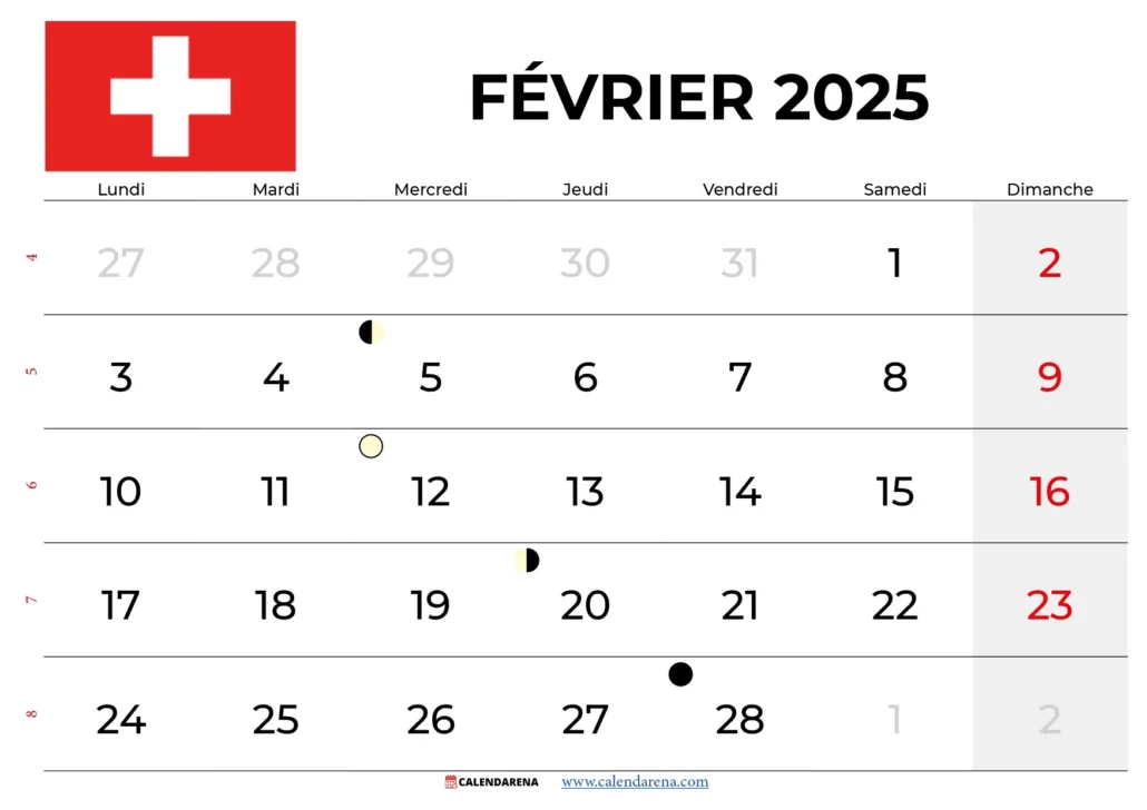 Calendrier Février 2025 Suisse