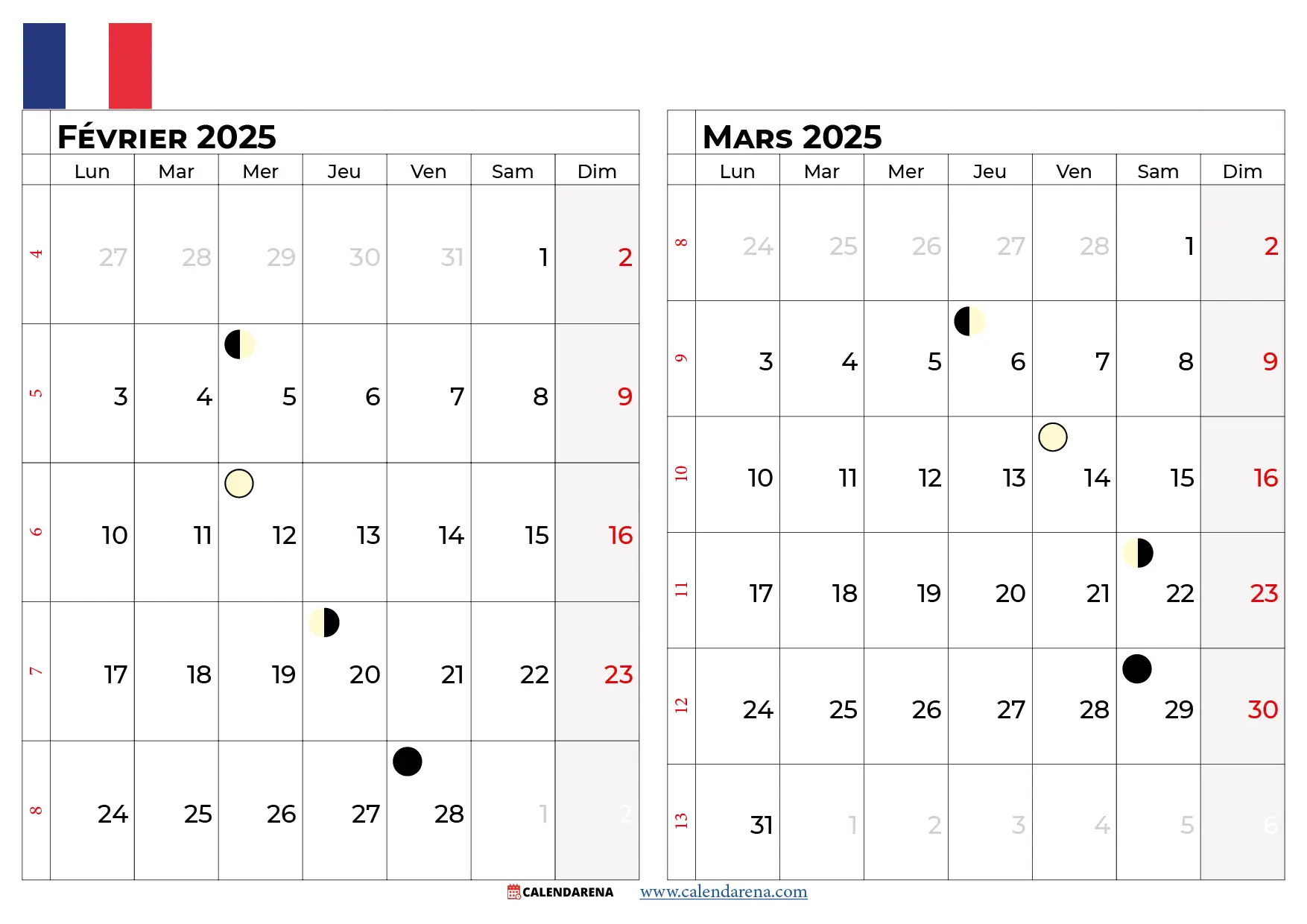 Calendrier Février Mars 2025