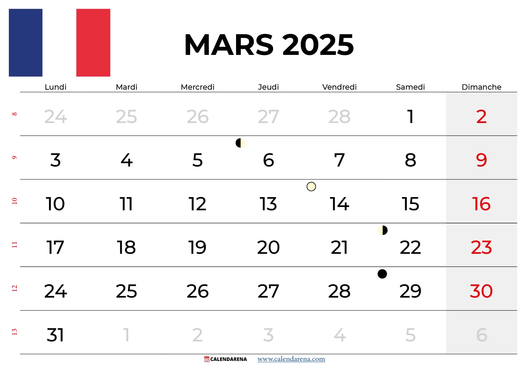 Calendrier Mars 2025 À Imprimer