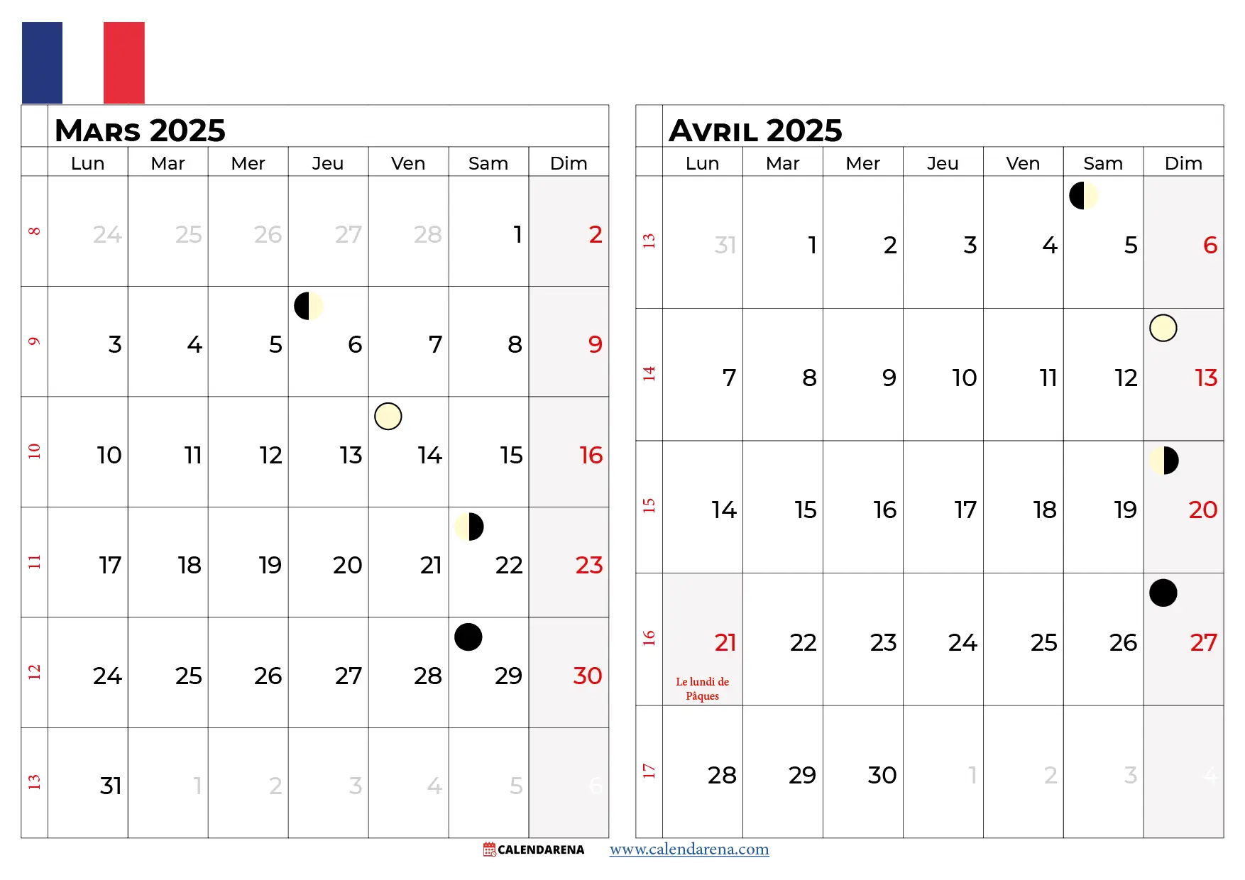 Calendrier Mars Avril 2025