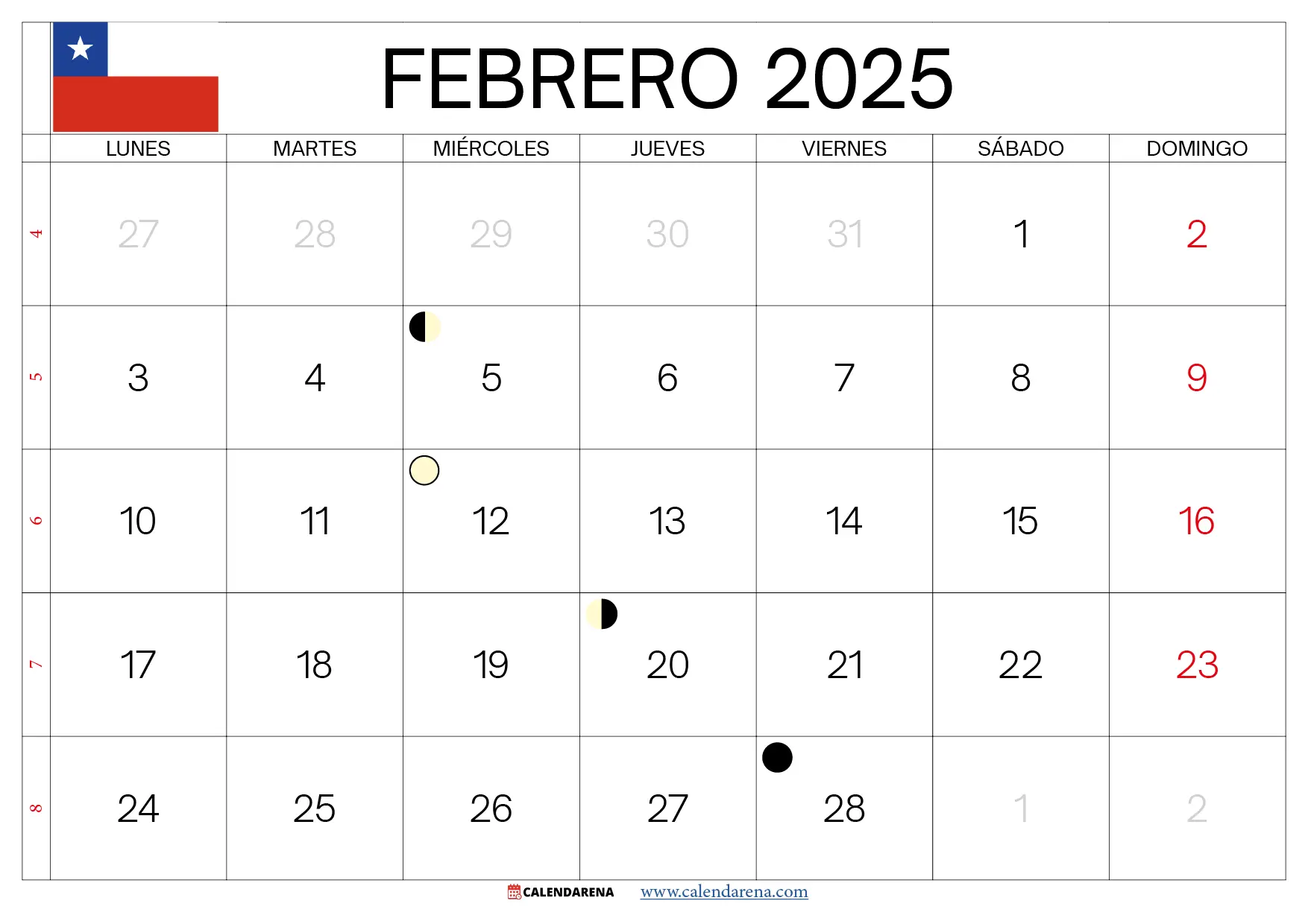 Febrero 2025 Calendario Chile