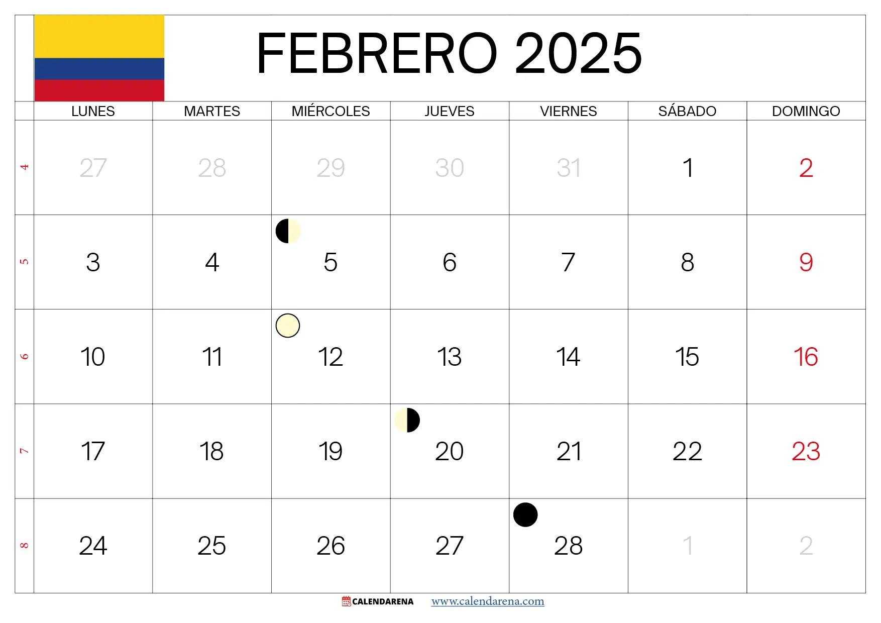 Febrero 2025 Calendario Colombia