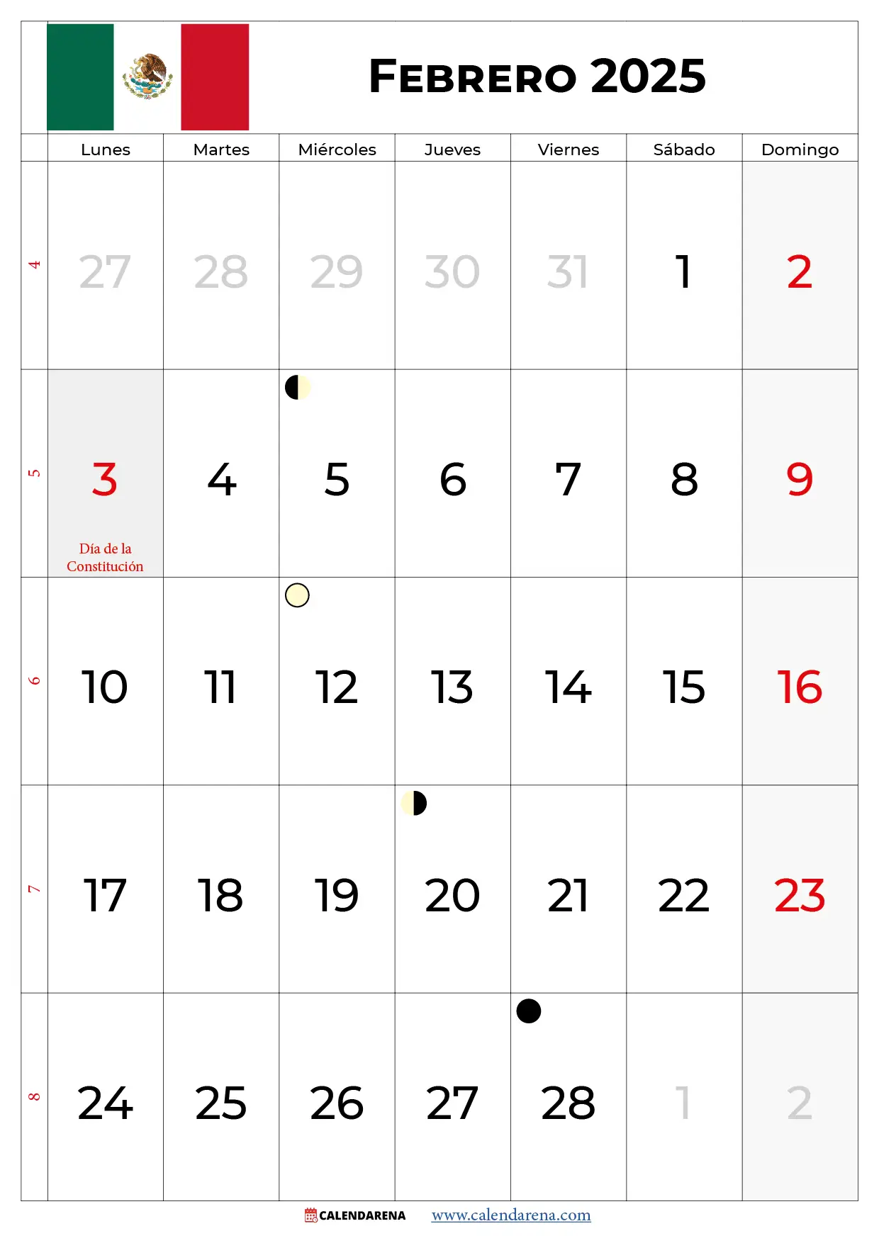 Febrero 2025 Calendario Mexico