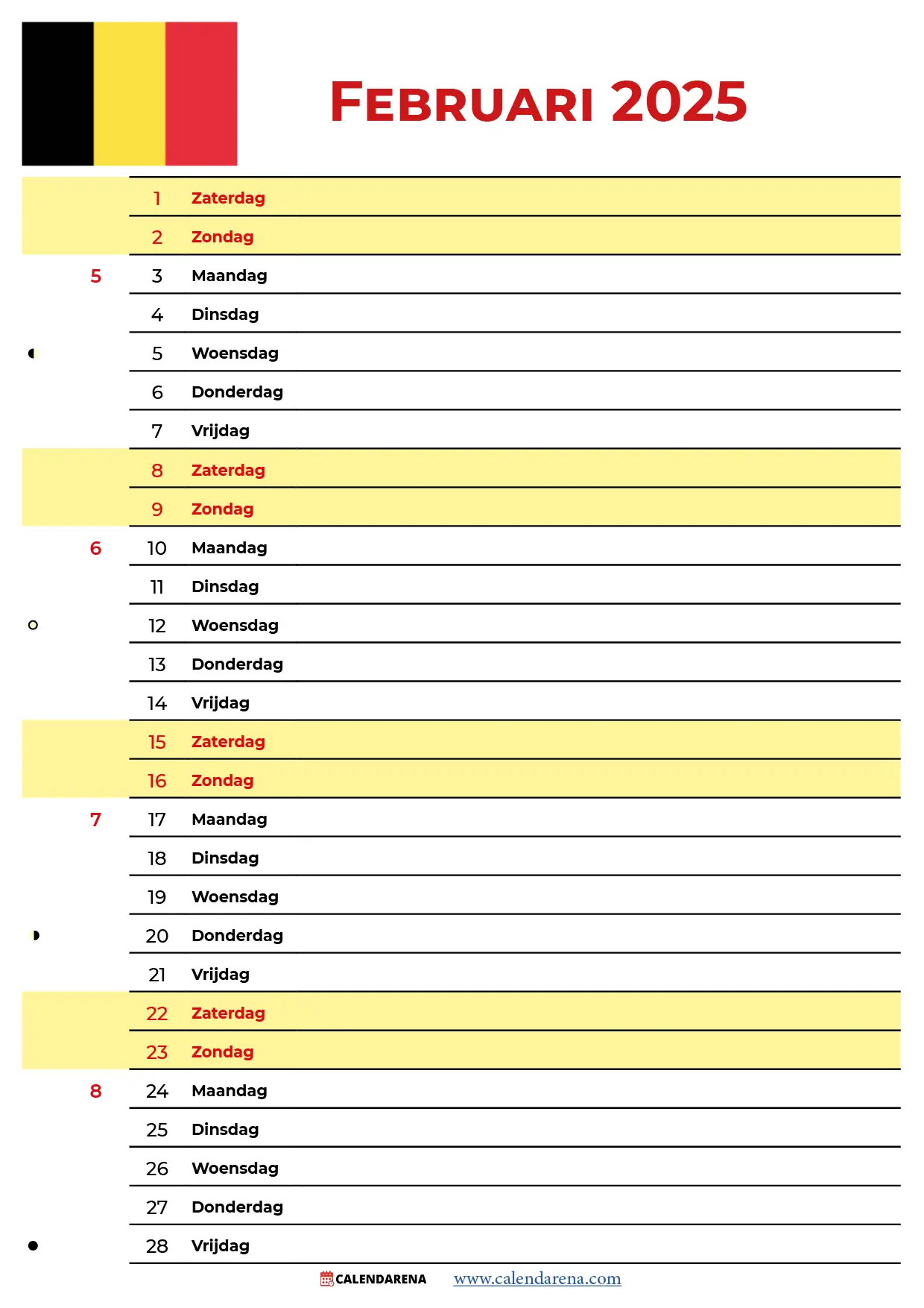 Februari Kalender 2025 België