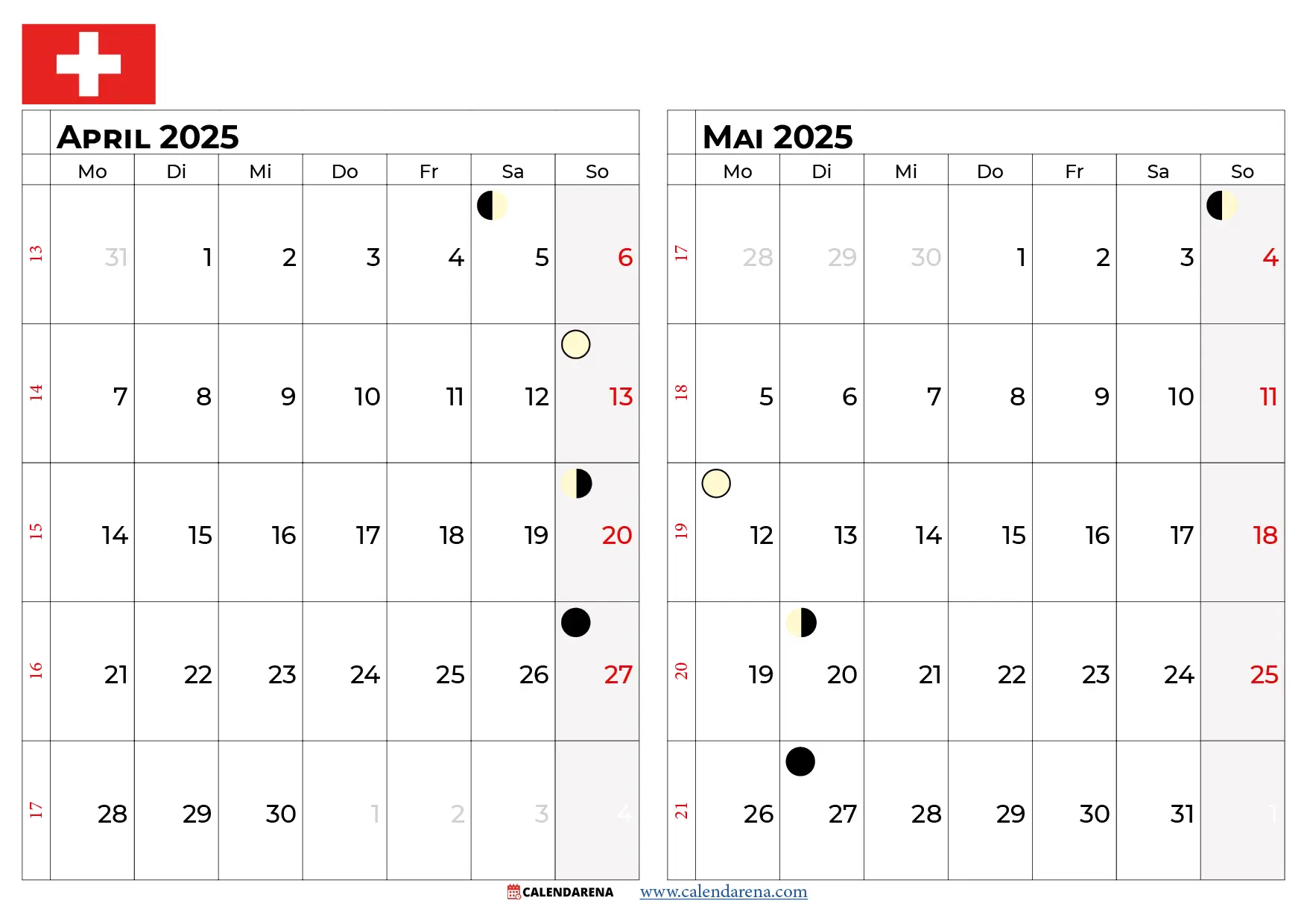 Kalender April Mai 2025 Schweiz