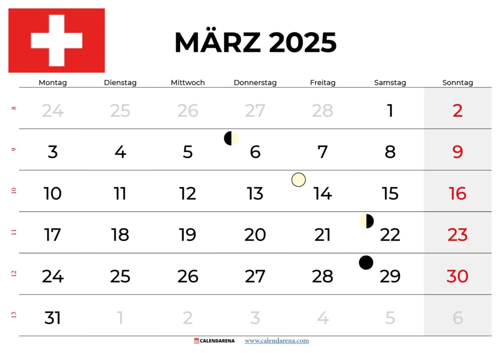 Kalender März 2025 Zum Ausdrucken Schweiz