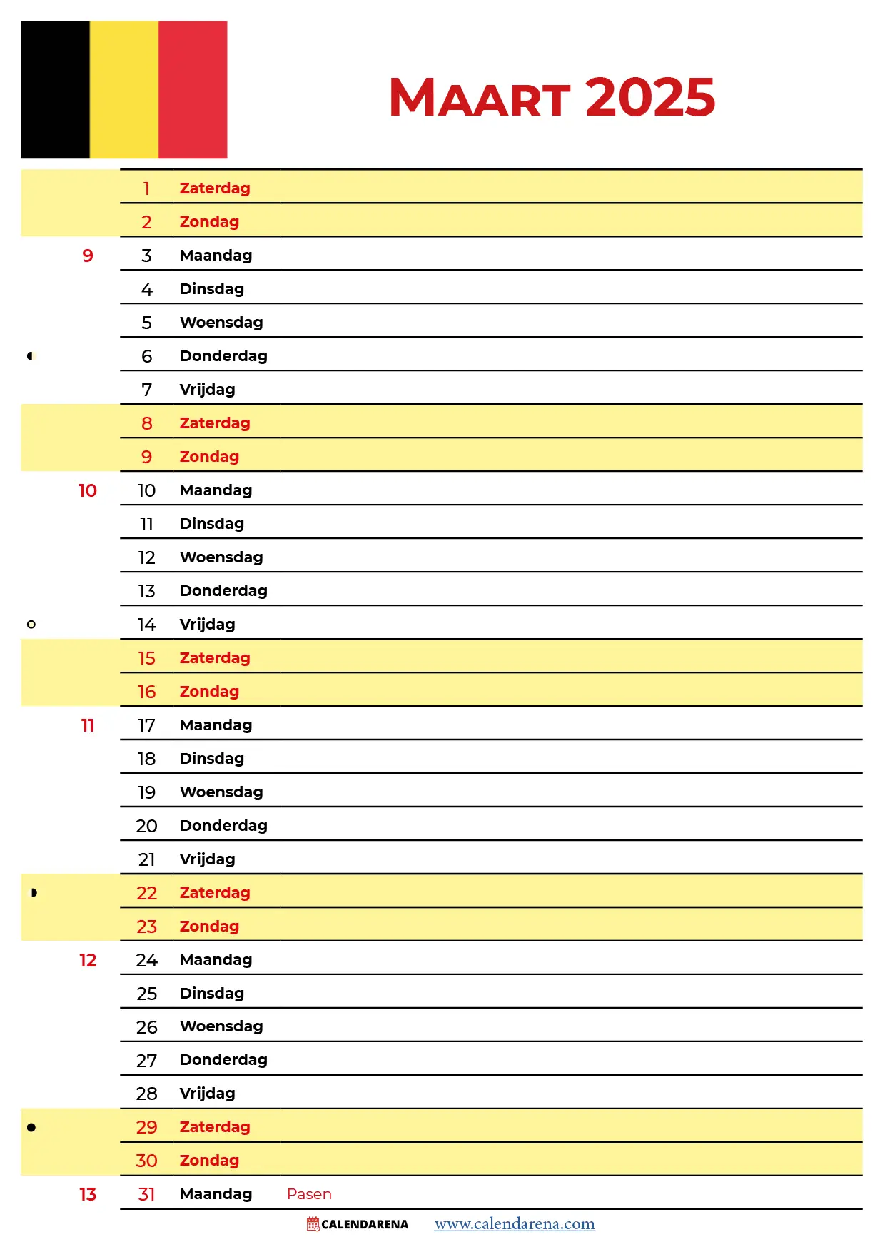 Maart 2025 Kalender België